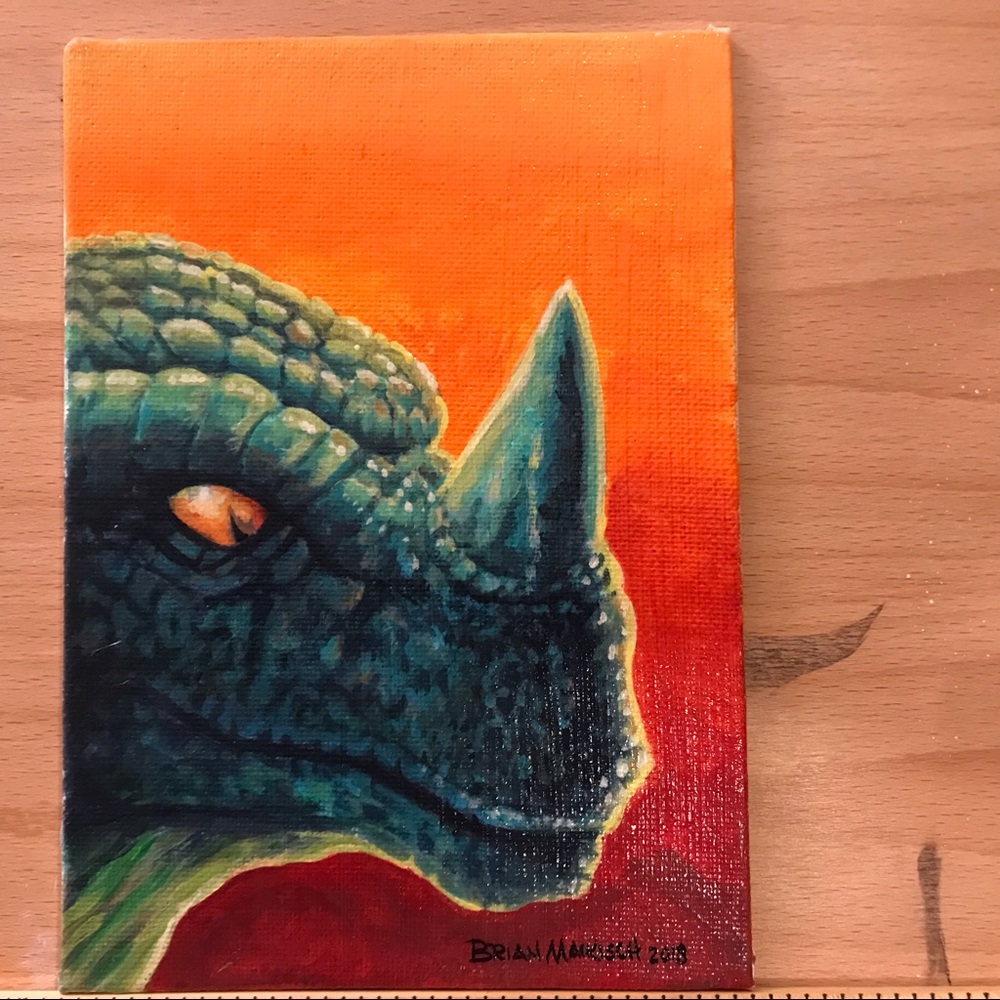 Kaiju Acrylic Painting hand painted artwork with green and orange color scheme